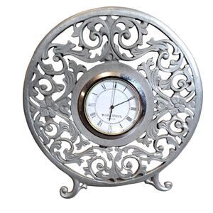 Vintage Kirk Stieff Clock 3.75" Pewter Elegant Filigree Footed Desk Quartz